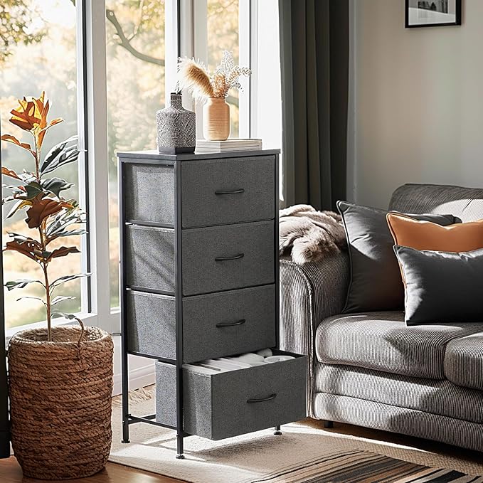 Sweetcrispy Nightstand Small Bedroom Dresser with 4 Fabric Drawers,Bed Side Furniture End Table, Wooden Top Cabinet Night Stand Dresser for Closet, Entryway, Dorm, Grey