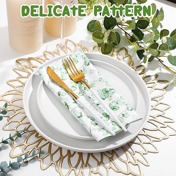 Tatuo Spring Flower Cotton Cloth Napkins Set of 24, 15 x 15 Inch Floral Dinner Napkins Soft Absorbent Washable for Family Cocktail Wedding Kitchen Dining Room Table Tea Party(Eucalyptus)
