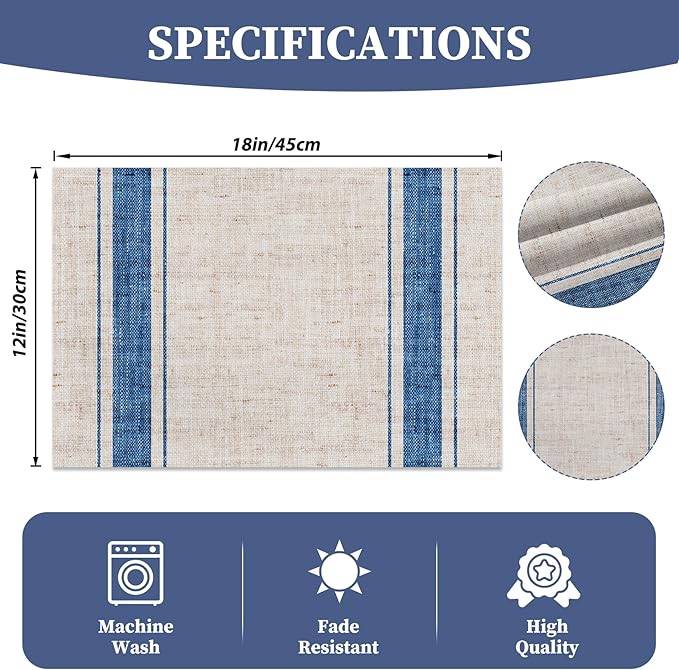 CSFOTO Modern Minimalist Line Decorative Placemats Set of 4 Heat-Resistant Non-Slip Kitchen Table Mats Khaki Woven Rectangle Placemats for Dining Table 18"x12" Washable, Blue Stripe