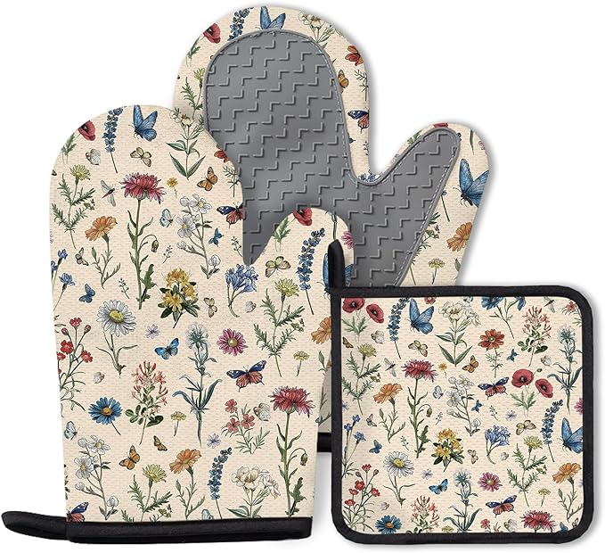 Vintage Floral Oven Mitts and Pot Holders 3Pcs, Retro Floral Silicone Oven Mitts Birthday for Flower Lover, Cute Botanic Wild Flowers Heat Resistant Non-Slip Oven Gloves for Mom Wife Sister