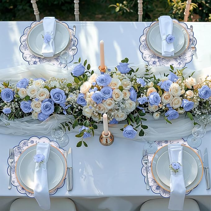 60 Pcs Blue Floral Paper Placemats, 13.5 Inch Disposable Scalloped Table Mats Wedding Placemats, Vintage Floral Banquet Place Mats for Mother's Day Table Setting Baby Shower Wedding Bridal Tea Party