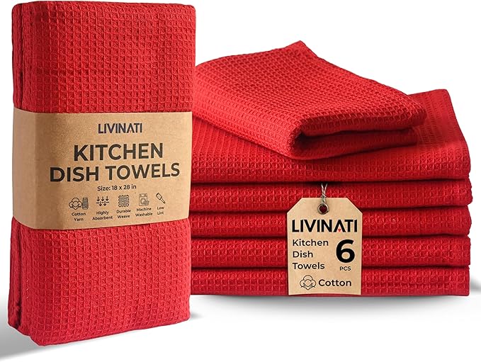 Highly Absorbent Cotton Dish Towels for Drying - Set of 6 Red Kitchen Towels - 18"X28" Lint Free Waffle Weave Cloth Linen Hand Bathroom Bulk Dishtowels