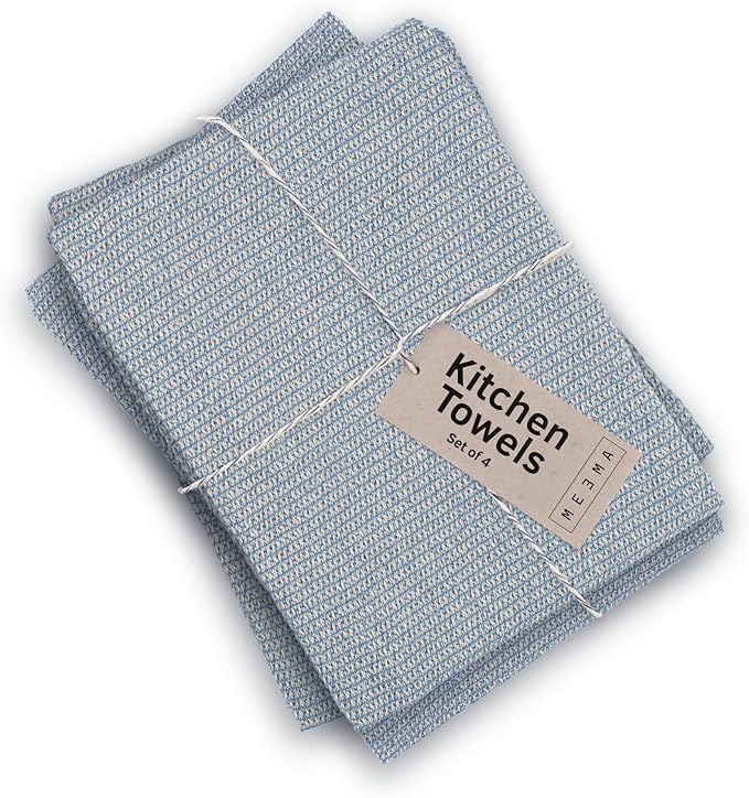 MEEMA Upcycled Spring Kitchen Towels Cotton Fabric | Super Absorbent Hand Towels with Hanging Loop | Cleaning Rags and Dish Towels for Kitchen | Blue | Large 18 x 28 Inch | 4-Pack
