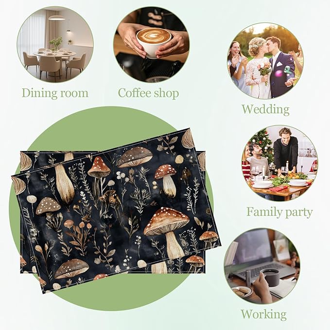 Watercolor Mushroom Placemats Set of 6, Washable Heat Resistant Table Mat Linen Place Mats for Party Kitchen Dining Home Decor 12x18 Inch