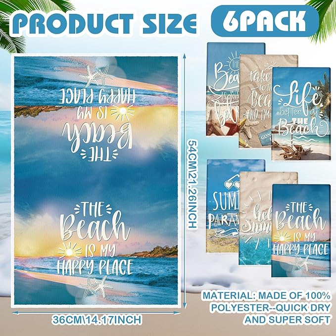 Breling Set of 6 Summer Beach Kitchen Towels Vintage Themed Dish Towel Bathroom Decorative Rustic Cloths Tea Towels for Kitchen Bathroom Home Cooking Housewarming Gifts, 14 x 21 inch