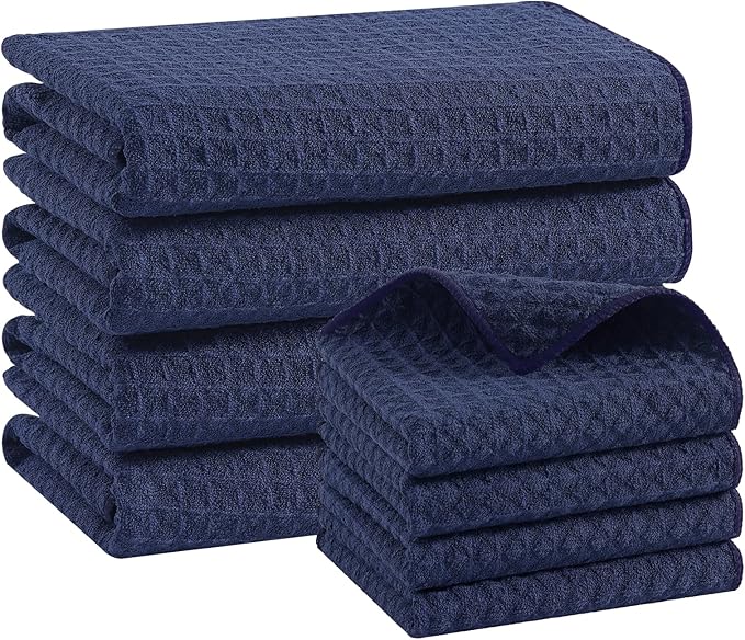 Homaxy Microfiber Waffle Weave Kitchen Towels Set, 16 x 28 Inch and 12 x 12 Inch Ultra Absorbent and Solid Color Dish Towels, 8 Pack, Navy Blue