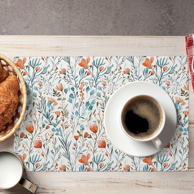 Boho Teal Orange Floral Linen Placemats Set of 4, 12x18 Inch Burnt Orange and Blue Watercolor Flower Table Mats, Non-Slip Heat Resistant Dining Mats for Kitchen Party Wedding, Spring Easter Home Decor