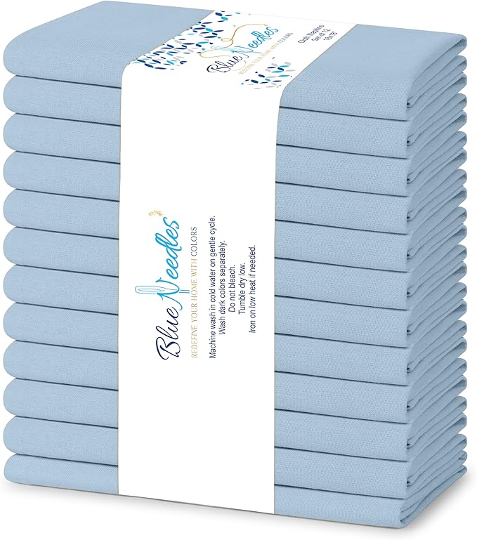 Blue Needles Solid Cloth Napkins Set of 12 Ice Blue 100% Cotton Dinner Napkins 18x18 inches - Spring Summer Easter - Soft, Reusable, Absorbent & Washable Linen, Ideal for Events Parties & Everyday Use