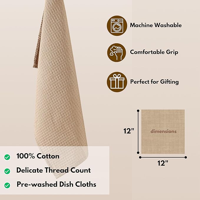 Native Fab 18 Pack Waffle Dish Cloths - 100% Cotton, 12" x 12", Absorbent, Quick Drying, Washable Towels for Cleaning, Cooking, Baking - Great for Home, Restaurants, Bars, Versatile Use - Beige