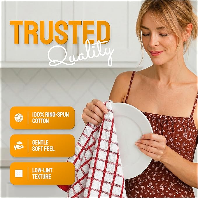 White Classic Premium Dish Towels for Kitchen, with Hanging Loop [8 Pack] Heavy Duty Absorbent 100% Cotton 410 GSM Terry Kitchen Towels, 16x26 (Red)