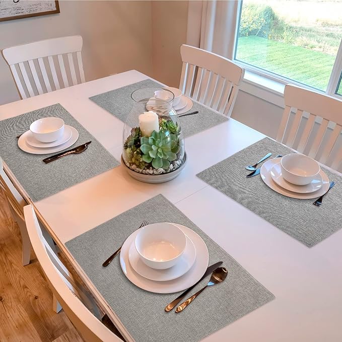 Sieral 12 Set Cloth Placemats Rectangle Dining Table Placemat Bulk 13 x 19 Inch Machine Washable Heat Resistant Cotton Linen Table Mats for Wedding Birthday Party Supplies(Light Grey)