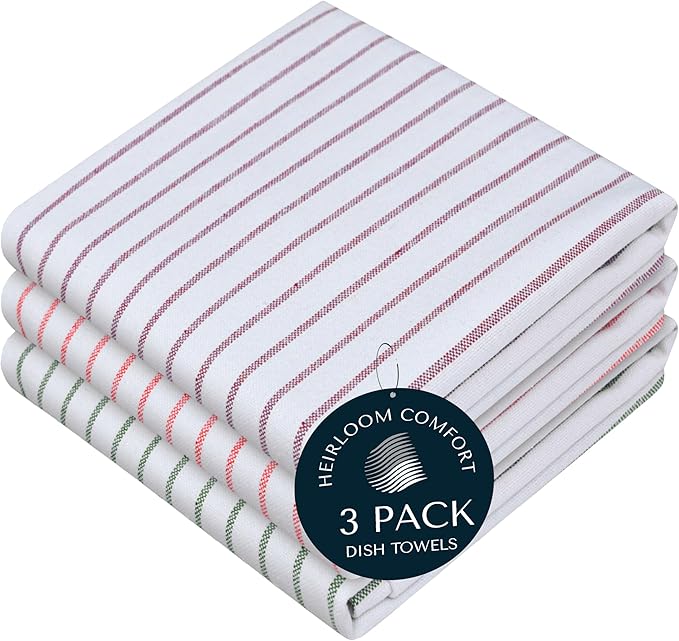 Multi Colors Kitchen Towels 3 Pack, 100% Cotton, Classic Striped Towel Set, Super Absorbent & Durable Dishcloths, Quick Drying for Drying Dishes - Burgundy, Orange, Green