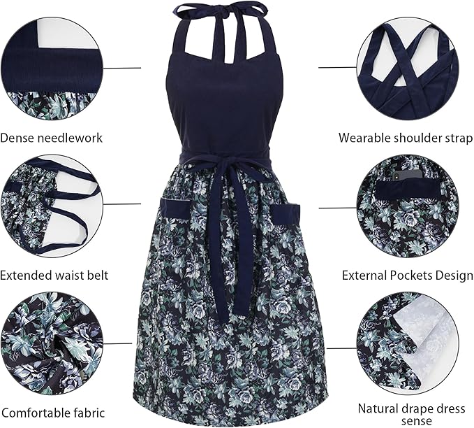 Cute Floral Aprons for Women with Pockets,Cotton Adjustable Neck Strap Apron for Kitchen Cooking Baking Gardening