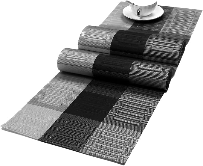 SHACOS Woven Vinyl Table Runner 12 x 54 inch PVC Runner for Dining Table Coffee Table Counter Wipe Clean Indoor Outdoor, Ombre Black and Gray