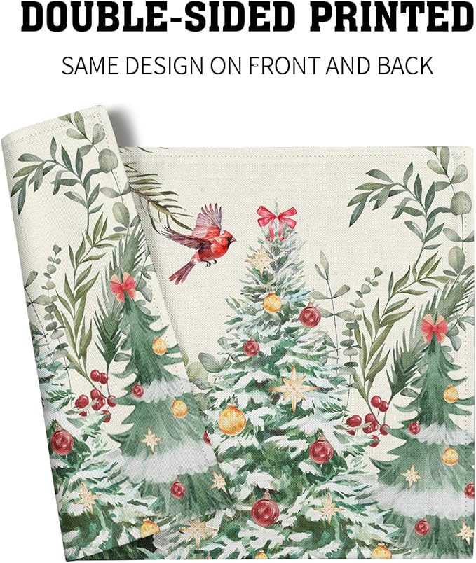 Christmas Placemats for Dining Table Set of 4, Watercolor Xmas Tree Red Bird Washable Non-Slip Heat Resistant Line Fabric Place Mats Winter Table Mats 12x18 Inch for Holiday Decor Party