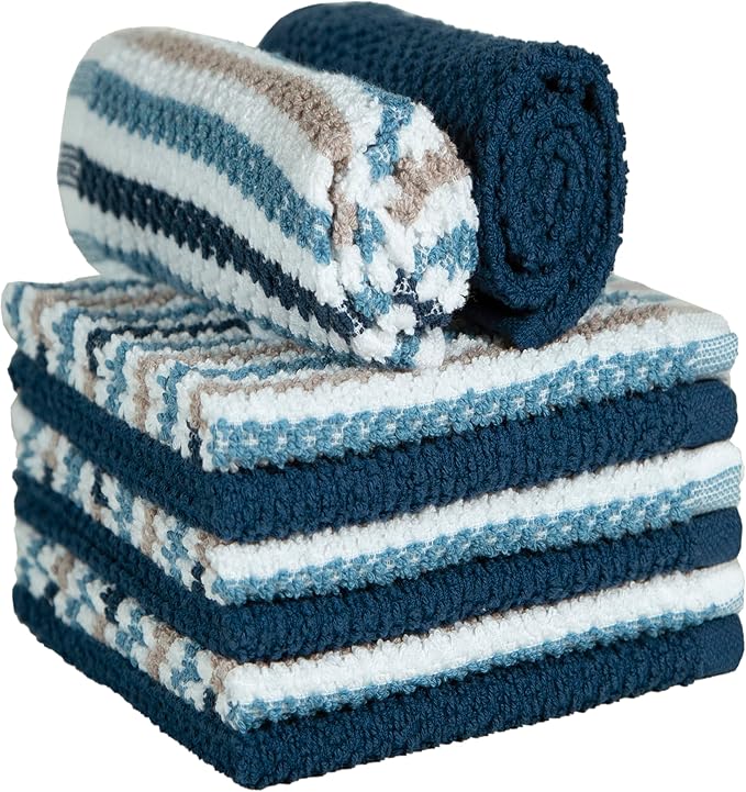 Bumble Premium Dish Cloths Towel 12"x12" | 100% Natural Ring Spun Cotton Tea Towel Set | 430 GSM | Highly Absorbent & Soft Dish Towels | 8 Pack - 4 Popcorn Wide Striped & 4 Solid Kitchen Towels - Blue