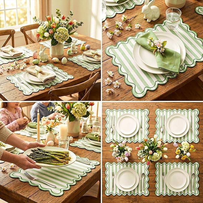Whaline Green Stripe Linen Placemats Embroidered Scalloped Kitchen Place Mats for Spring Party Home Dining Table Decor, Set of 6, 13 x 19 in