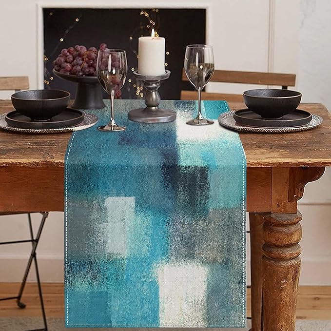Emvency Farmhouse Table Runner, Modern Teal and Grey Abstract Art Painting for Kitchen Coffee Table Family Dinners Holiday Parties Wedding Events Decor(13x60 inch)