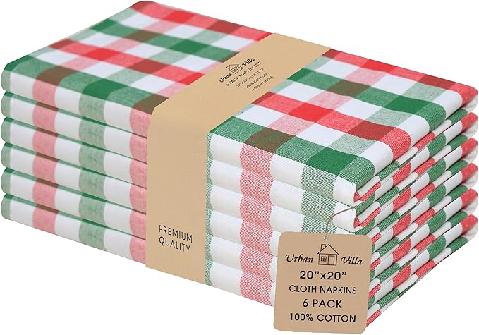 Urban Villa Cotton Dinner Napkins Set of 6, Highly Absorbent 20x20 Inches Premium Cloth Napkins Hotel Quality Reusable & Washable Table Dinner Napkins for Home & Weddings - Red/Green/White, Checks