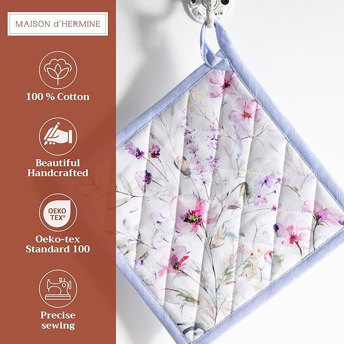 Maison d' Hermine Pot Holders 100% Cotton Heat Resistant Potholders 8" x 8" Hot Pads with Loop BBQ Cooking Baking Gifts for Mothers Day Handling Hot Pans Spring/Summer (Pack of 2, Summer Floral)