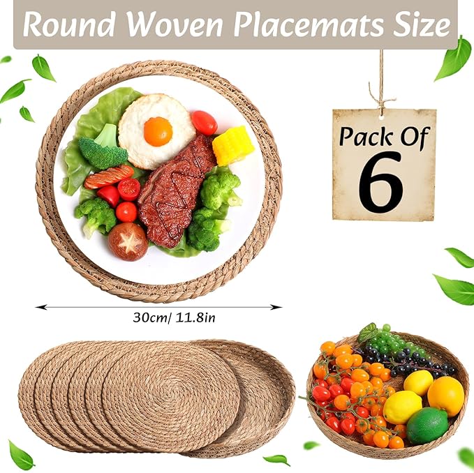 Boho Placemats 4/6/8 Set of Round Woven Placemat Macrame Style Bicolor Stitching Long Table Runner Farmhouse Rustic Natural Burlap Cotton for Kitchen Dining Table(6 Sets,Beige,12x72)