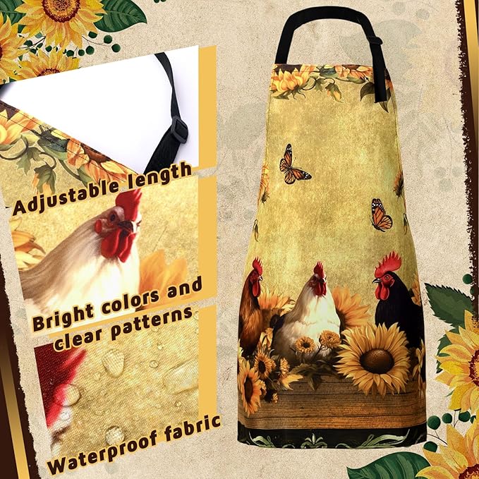 Geetery 4 Pcs Chicken Aprons for Women Rooster Print Apron Waterproof Adjustable for Kitchen Cooking