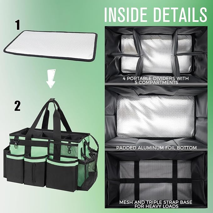 SCAVATA Wearable Cleaning Caddy, Cleaning Caddy Supplies Organizer with Handle & Shoulder Straps for Housekeepers, Under Sink & Car Cleaning Tool Organizers Bag with 4 Foldable Divider (MintGreen)