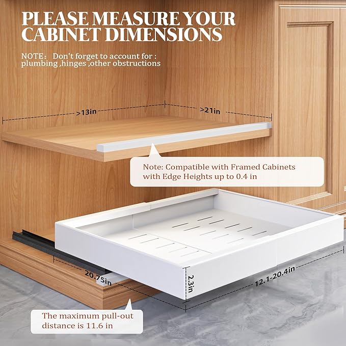 Seinloes 6 Pack Expandable Pull Out Cabinet Organizer 21"Deep With Raising Pad for Framed Cabinets,Upgrade 3 Slide Rails Slide Out Drawers,No Drill Roll Out Shelves,Adjustable Width 12.1"-20.4" White
