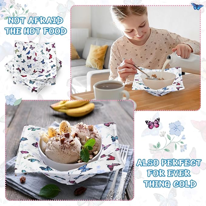 Cunhill 4 Pcs Cotton Microwave Bowl Cozy Holders for Hot Food Hot Pads Soup Bowl Potholders Heat Resistant Multipurpose Quilted Safe Holders for Kitchen Plate Supply(Colorful,Butterfly Style)