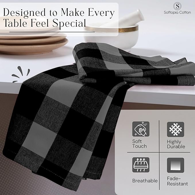 Buffalo Plaid Cloth Napkins, Set of 4, Soft, Durable, Table Fabric Napkins, Check Napkins for Dinner, Wedding, Restaurant, Buffet, Party, Halloween - Light Grey, Black White (16"x16")