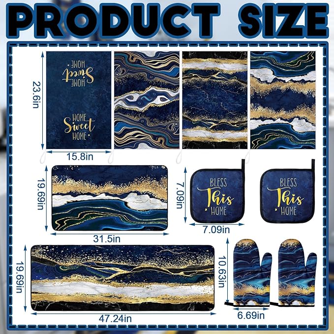 Fourluoo 10 Pcs Kitchen Dish Towels Rugs Oven Mitts and Pot Holders Kit Farmhouse Kitchen Decor Set Gloves Vintage Potholders for Baking Cooking Chef(Blue,Modern)