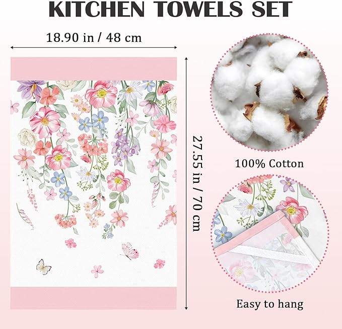 Pink Floral Tea Towels 100% Cotton Quick Dry Wildflower Kitchen Towels, 18.9 x 27.5'' Absorbent Dish Cloth for Kitchen Home Decor, Housewarming, Birthday Gifts for Mom, Set of 4