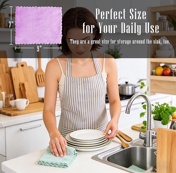 24 Pack Kitchen Dishcloths - Does Not Shed Fluff - Reusable Dish Towels, Dish cloths, Super Absorbent Coral Fleece Cleaning Cloths, Nonstick Oil Washable Fast Drying, 7 x 9 Inch (Multicolor)