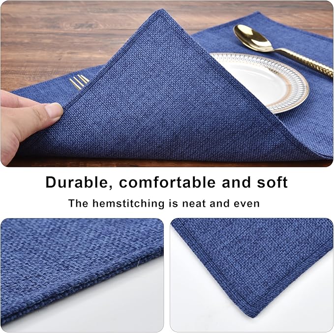 SLKQG Blue Linen-Look Placemats Set of 8, Heat Resistant & Machine Washable Double-Layered Cloth Placemats for Dining Table, Indoor/Outdoor Use, Non-Slip Kitchen Table Mats (8, Navy Blue)