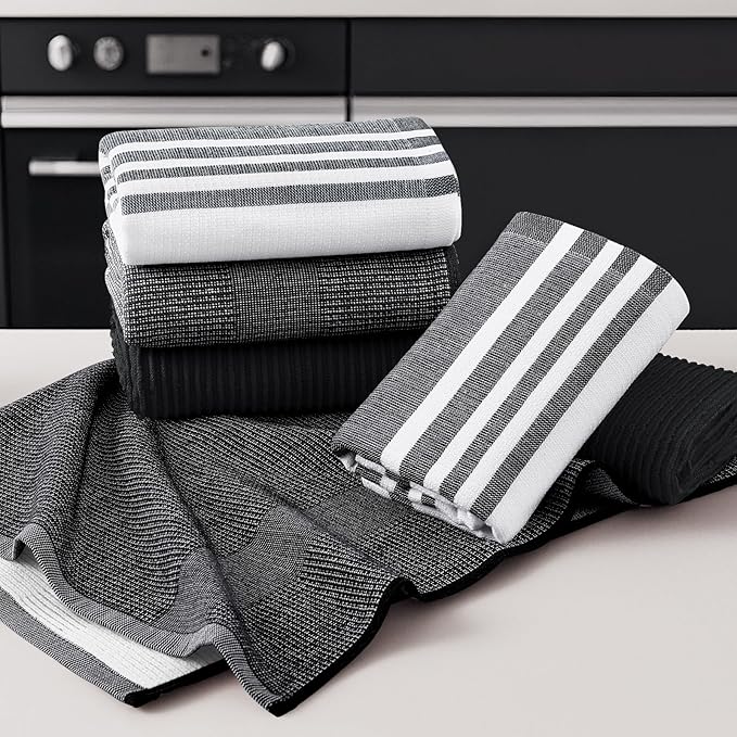 Homaxy Premium Kitchen Towels(18”x 28”, 9 Pack), Large Cotton 380 GSM Kitchen Hand Towels, Soft and Absorbent Terry Dish Towels, Multipurpose Tea Towel Set with Hanging Loop, Black