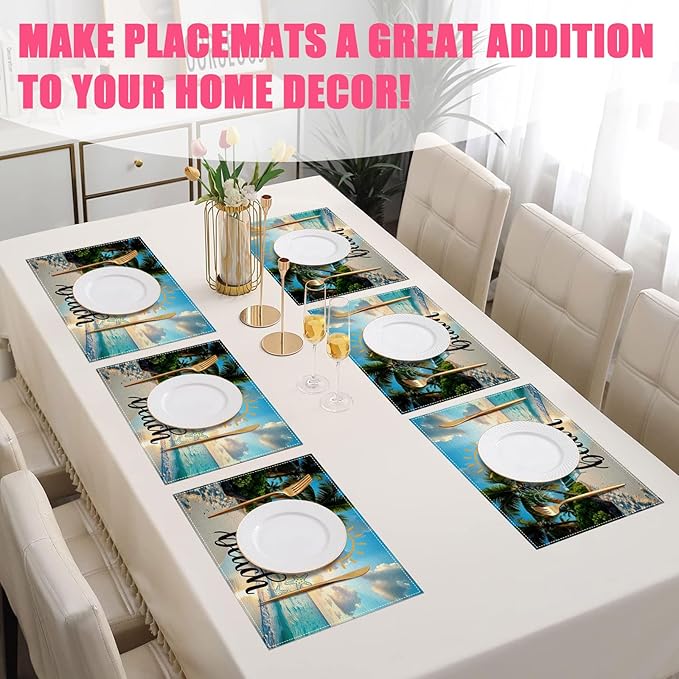 Sea Beach Palm Tree Placemats Set of 6,12x18 Inch Linen Place Mat Washable Stain Resistant Table Mats for Spring Summer Seasonal Farmhouse Kitchen Party Home Decor