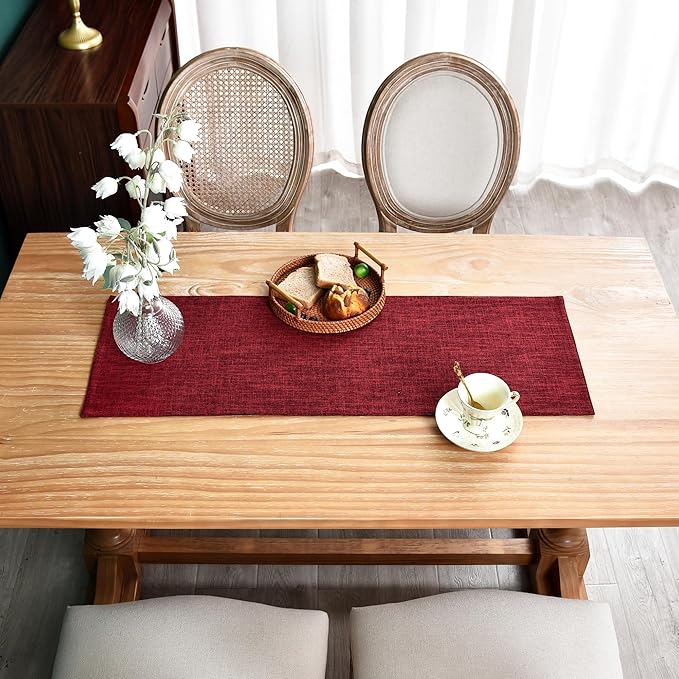 Farmhouse Rustic Faux Linen Table Runner Neutral Burgundy Table Runners Double Layer Reversible Rectangle Runners for Daily Use Kitchen Dining Banquet Holiday 13x36 Inch