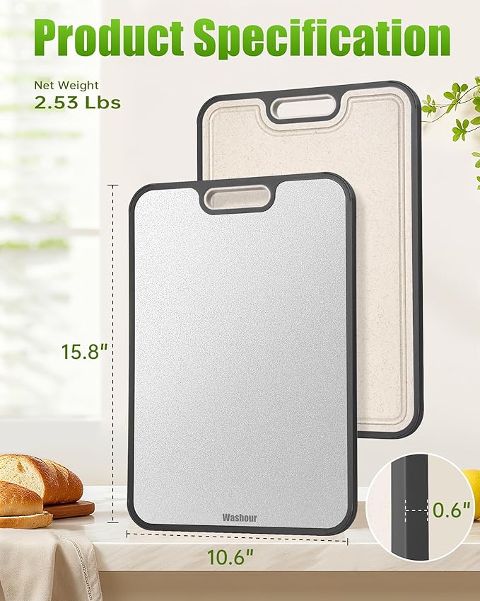 Stainless Steel Cutting Boards for Kitchen, Non Toxic 2-in-1 Cutting Board Double Sided, Food Grade Chopping Boards for Fresh Meat Vegetable, Easy to Clean Large Size 16”×11”