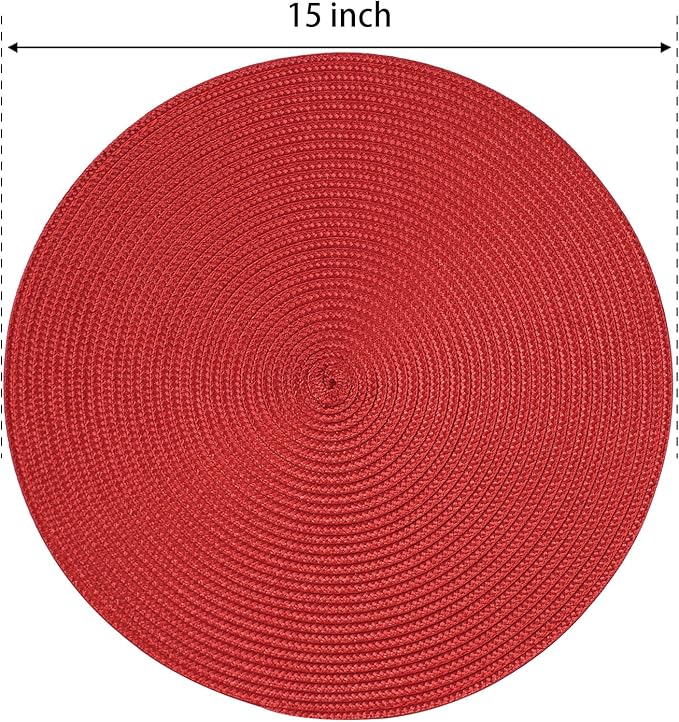 FunWheat Round Braided Placemats Set of 4 Table Mats for Dining Tables Woven Washable Non-Slip Place mats 15inch (Red, 4pcs)