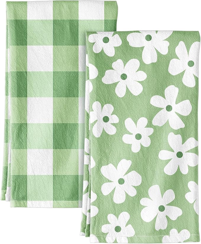 Miss Adola 2pcs Flour Sack Kitchen Towels - 18"x 26" Cotton Kitchen Hand Towels with Hanging Loop Reusable Geometric Green Farmhouse Plaid Floral Tea Towel Absorbent Dishcloths Home Decor, Sage Green