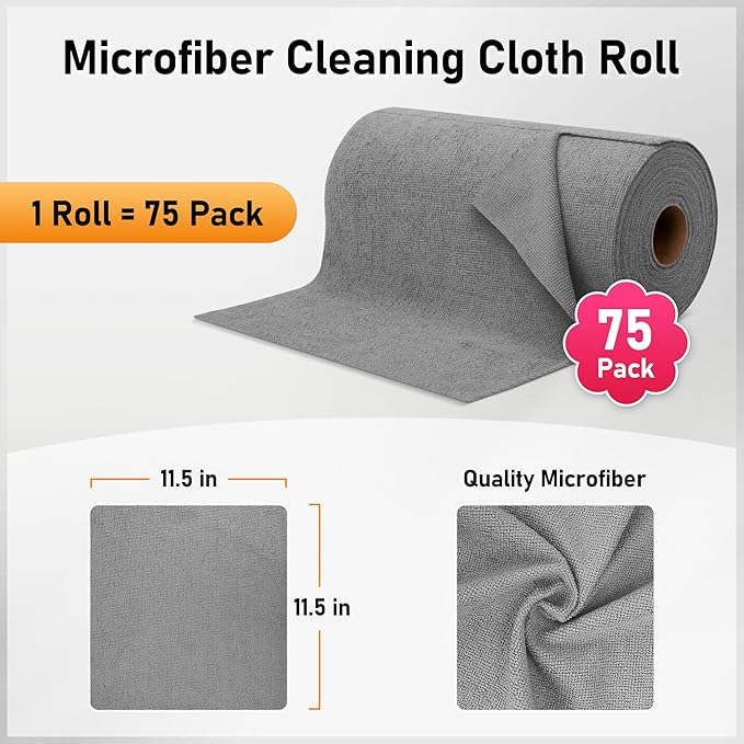 Microfiber Cleaning Cloth Roll, 75 Pack Tear Away Microfiber Towels, Reusable Washable Shop Towels, Lint Free Cleaning Rags for Car, Home, Garage & Workshop 11.5"x11.5" Grey