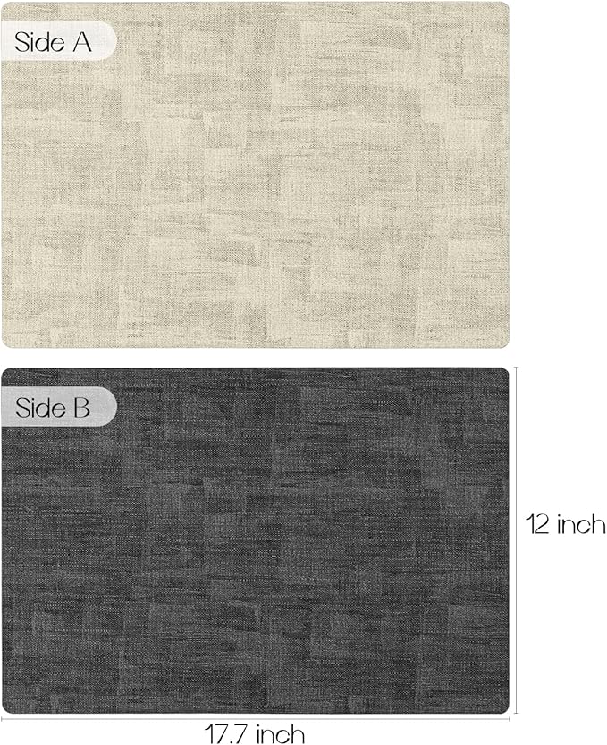 Romanstile Vinyl Placemats Set of 6-12x17 Inch, Reversible Waterproof Washable Non Slip Table Mats, Faux Leather Heat Resistant Wipeable Table Placemats for Dining/Party/Indoor/Outdoor, Grey-Beige