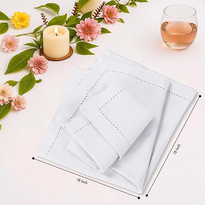 Ruvanti Cloth Napkins Set of 12, 100% Cotton High GSM 18x18 Inches, Hem Stitched Corners, Soft, Washable, Highly Durable & Absorbent, Perfect for Parties, Christmas, Thanksgiving Dinners – White