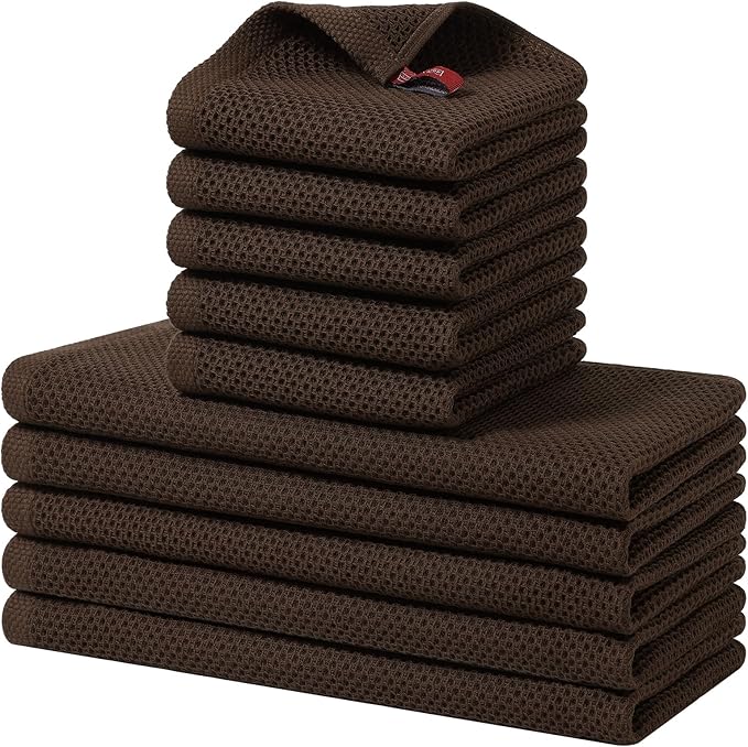 Homaxy 100% Cotton Kitchen Towels and Dishcloths Set, 12 x 12 Inches and 13 x 28 Inches, Set of 10 Bulk Kitchen Towels Set, Ultra Soft Absorbent Dish Cloths for Washing Dishes, Dark Brown
