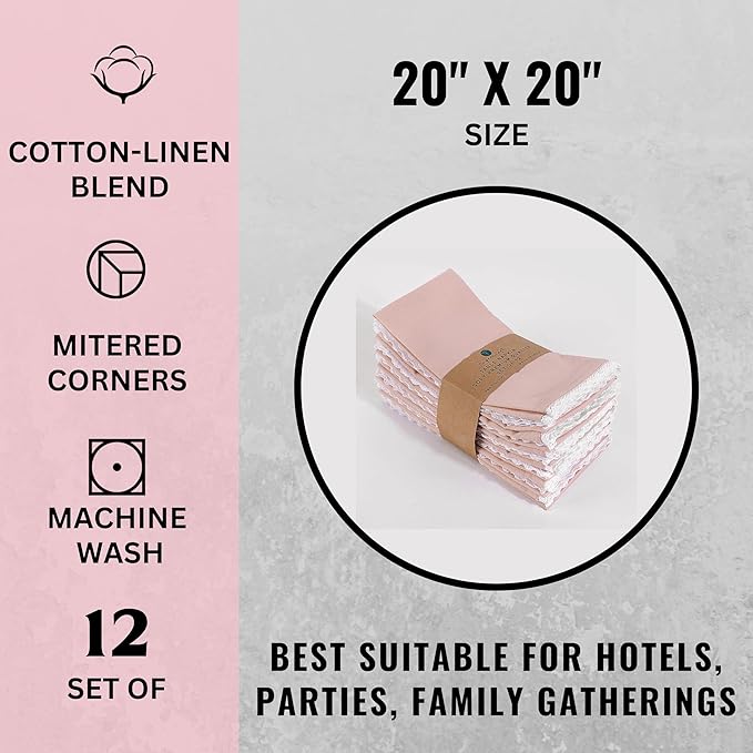Fingercraft Dinner Cloth Napkin Cotton Linen Set of 12 Mitered Corners with Natural Elegant Lace for Everyday Use Napkins are Pre Shrunk and Good Absorbency with Lace 20x20 in Dusty Pink Easter Color