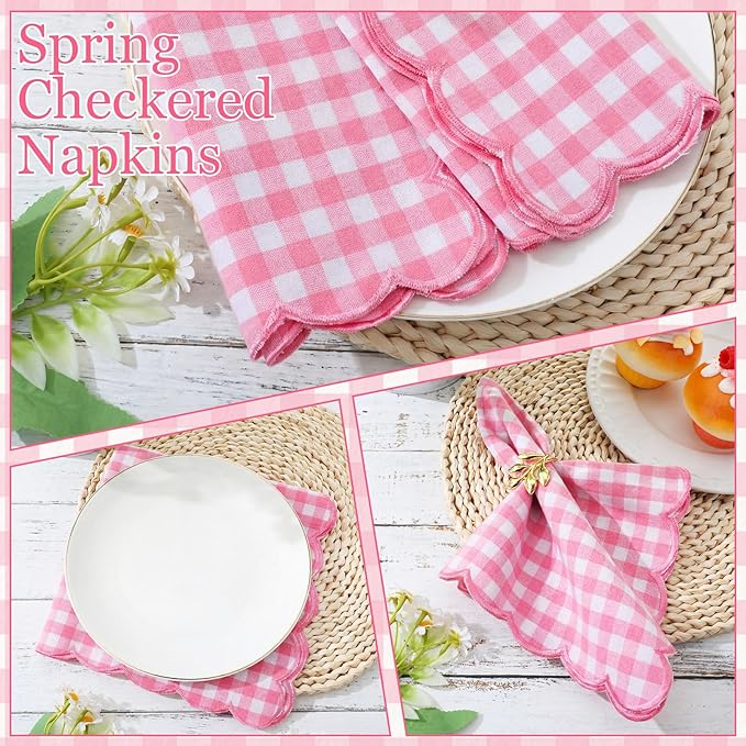 SmoothNovelty 12 Pack Buffalo Plaid Cloth Napkins 18x18 Inch Spring Checkered Cloth Napkins Scalloped Soft Cotton Table Mat Washable Reusable for Dinner Wedding Birthday Parties (Classic,Pink)