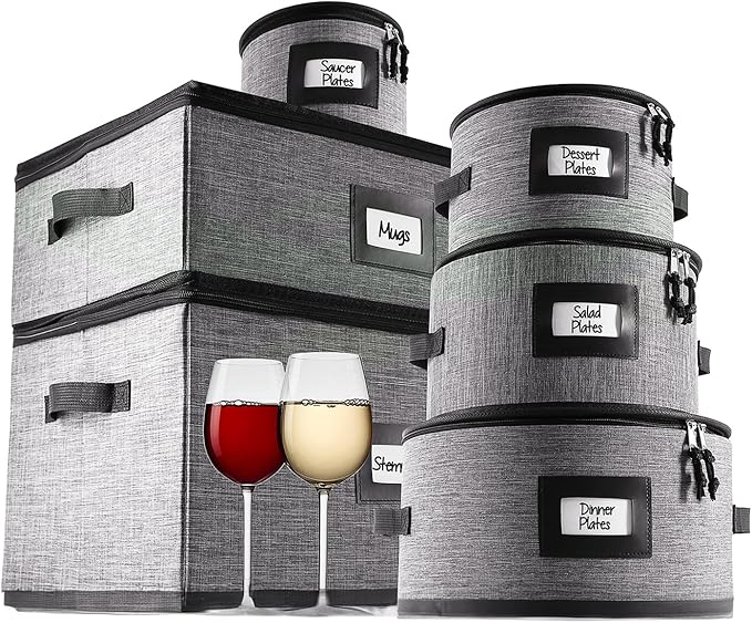 Hearth & Harbor Fine China Storage Containers, 6 Piece Dish Storage Containers, Stackable Plate Storage, Coffee Mug Storage and Wine Glass Storage Box with Dividers, Quilted Dish Organizers, Grey