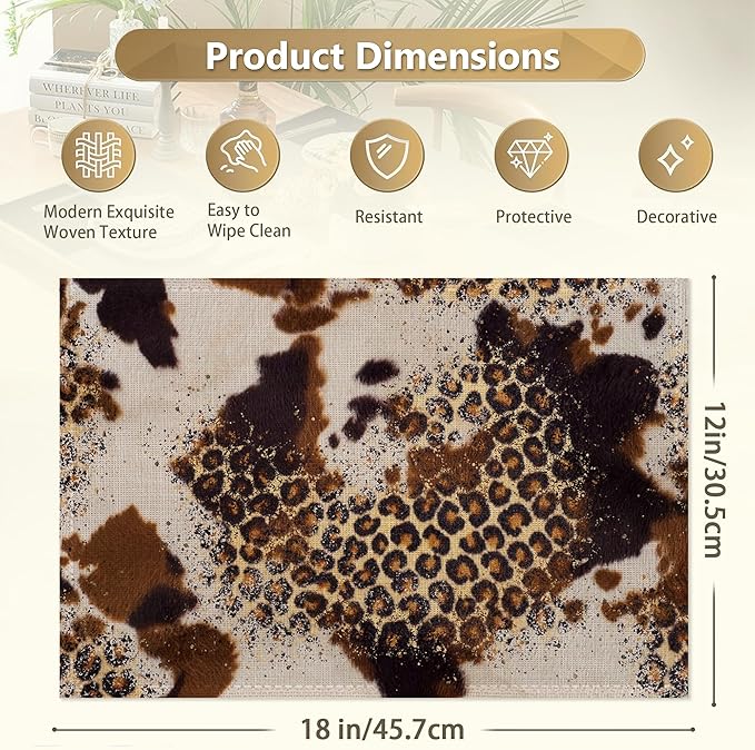 Cowhide with Glitter Leopard Print Place Mats Set of 6, Table Mats,Heat Insulation Non Slip Washable Dining Placemats for Wedding Holiday Party Kitchen Decor 12X18 in
