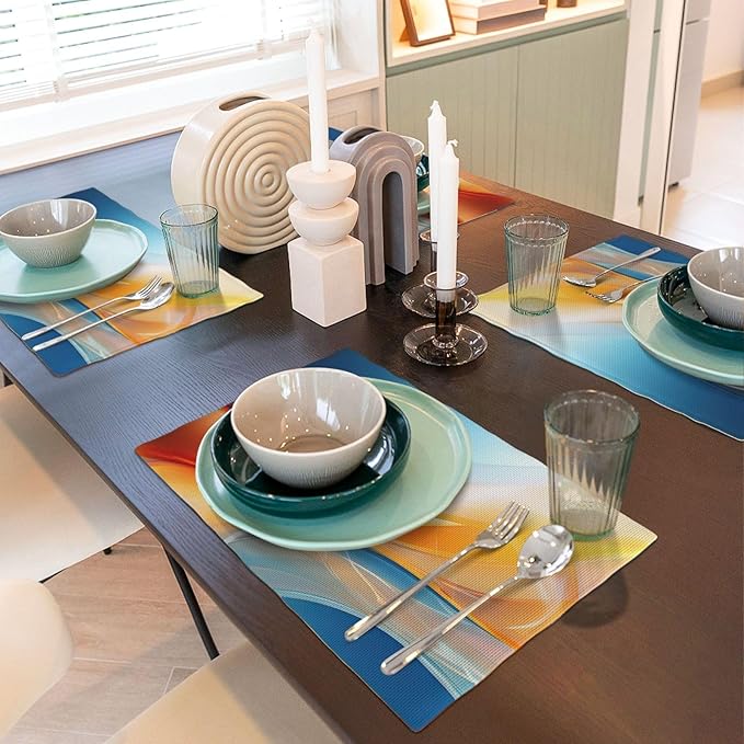 Blue and Orange Abstract Fluid Linen Placemats Set of 4, Non-Slip Heat-Resistant Modern Boho Burnt Orange Yellow and Blue Kitchen Table Mats for Dining Table, Kitchen, Coffee Shop, Modern Home Decor