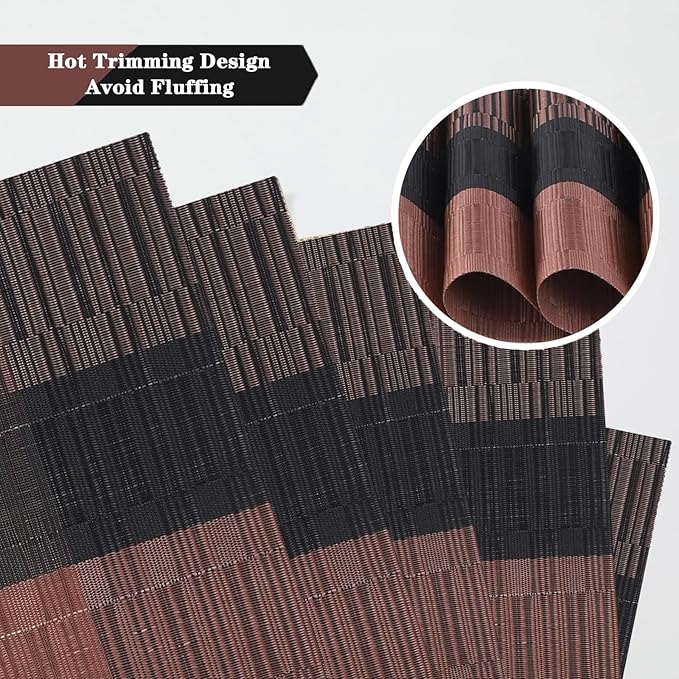 Black Brown Placemats Set of 2 - Heat Resistant Non-Slip Place mats for Dining Table, Washable Durable PVC Vinyl Woven Table Mats (Black Brown, 2)